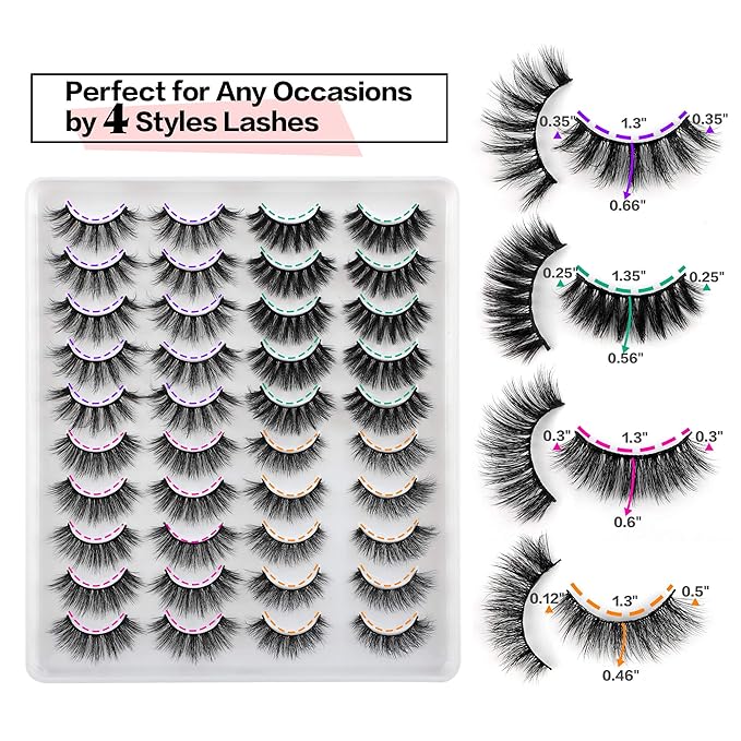 JIMIRE 20 Pairs False Eyelashes 4 Styles Mink Eyelashes Fluffy Pack 3D Volume Faux Mink Cat Eye Lashes Pack