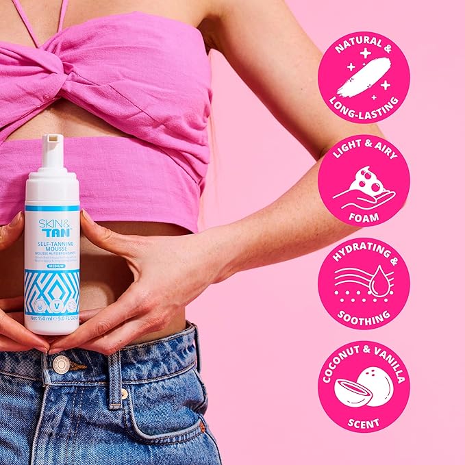 Skinny Tan Self-Tanning Mousse - Long-Lasting and Non-Drying Formula - Coconut and Vanilla Scent - Easy To Apply Luxurious, Foam Texture - Streak Free and Natural Looking Results - Medium - 5 oz