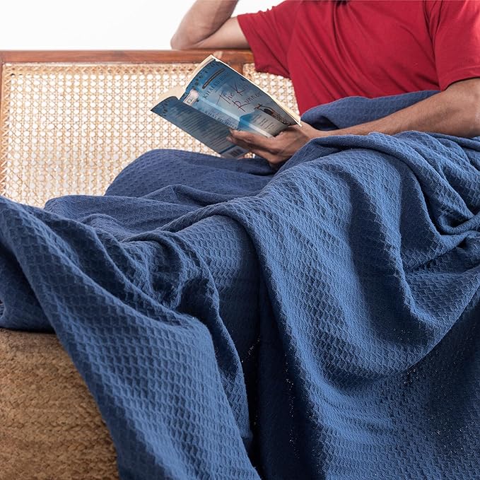 Salt Earth 100% Cotton Throw Blanket, Queen, 90"X92" Waffle Throws for Home, Bedrooms, Outdoor and Office Couch, Modern & Cozy Room Decor Blankets, Lightweight, All Season Western Blanket (Navy)