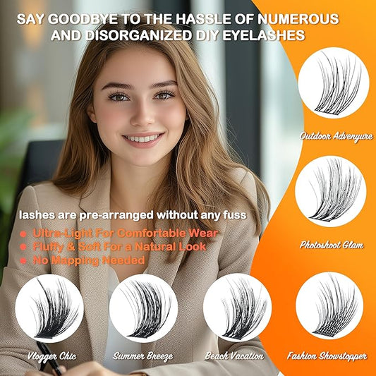 Fluffy Lash Clusters - 360Pcs Natural 0.05D Eyelash Clusters, Left & Right Eyelashes, Urtra Lightweight Cat Eye Clusters for Starter DIY at Home(Eyelashes Only）