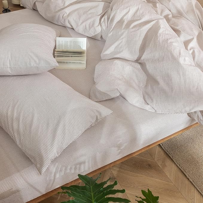 MooMee Striped Duvet Cover Set 100% Washed Cotton Linen Like Textured Breathable Durable Soft Comfy (Orange Pinstripes, Super King 108"x98")