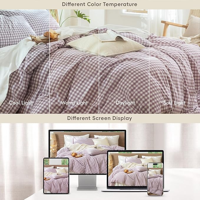 MooMee Gingham Duvet Cover Set 100% Washed Cotton Linen Like Textured Breathable Durable Soft Comfy Modern Checkered Design (Classic Gingham Light Purple, Cal King 104"x98")