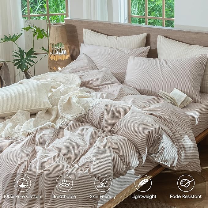 MooMee Striped Duvet Cover Set 100% Washed Cotton Linen Like Textured Breathable Durable Soft Comfy (Orange Pinstripes, Super King 108"x98")