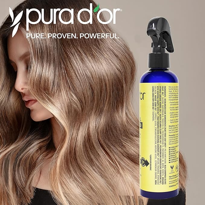 PURA D'OR 8 Oz Argan Oil Heat Shield Protectant Spray with Select Organic Ingredients, Protects Up To 450º F From Flat Iron & Hot Blow Dry, Leave-In, Define & Shine Dry & Damaged Hair