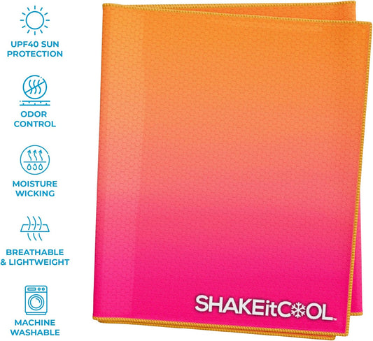 SHAKEitCOOL Extended Size Cooling Towel – Be Cool in Style - Heat Relief, Soft, Lightweight, Sun Protection, Easy Clean - Perfect for Biking, Hiking, Running, Yoga, Golf - Pink Orange Ombre M