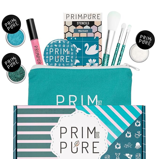 Prim and Pure Kids Makeup Gift Set - Stencil, Makeup Eyeshadow Bioglitter Lip Gloss and Cosmetic Bag Mirror Makeup Brush Accessories (Mermaid Blue)