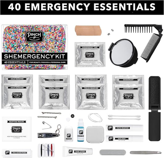 Pinch Provisions Shemergency Kit for Her, 40 Emergency Essential Items, Compact, Multi-Functional Pouch, Gift for Women, Birthday, Bachelorette Parties, and More!