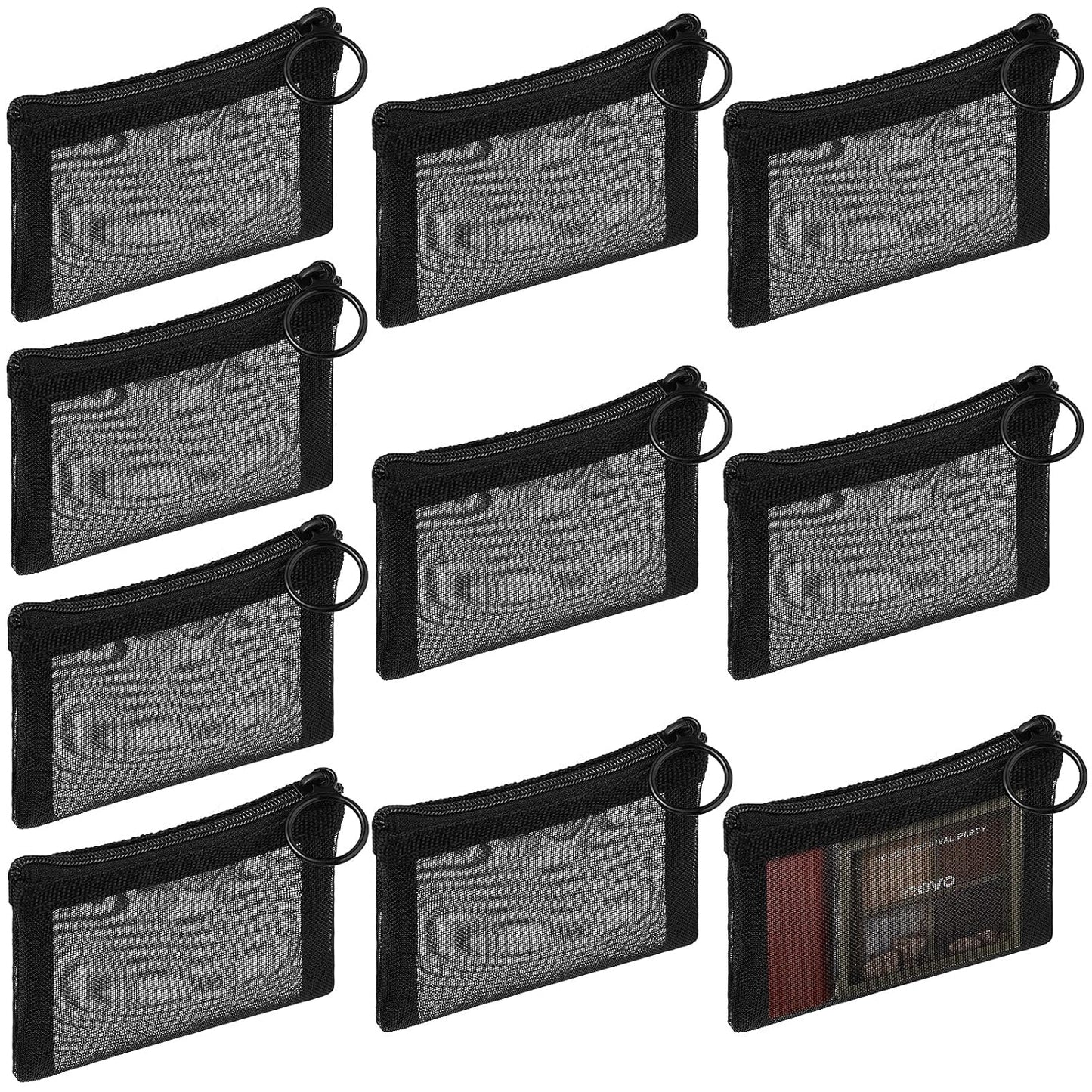 Frienda 10 Pcs Small Mesh Bags with Zipper Mini Zipper Mesh Bags Nylon Cosmetic Coin Purse Pouches Portable Reusable Storage Pouch with Keychain for Women Home Travel(3 x 4 Inch,Black)