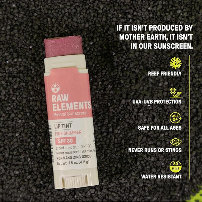 Raw Elements Organic Pink Lip Shimmer Zinc Oxide SPF 30+, 0.15oz