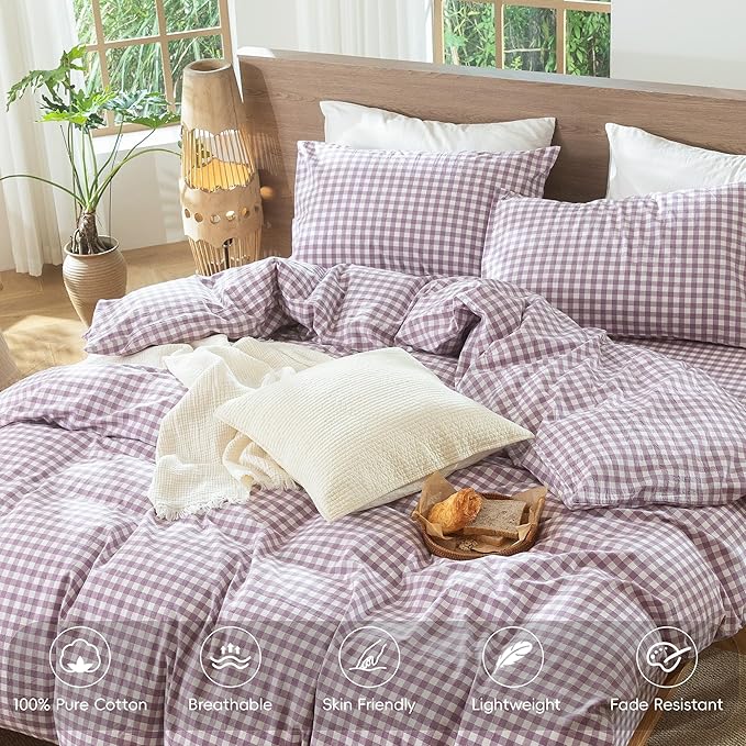 MooMee Gingham Duvet Cover Set 100% Washed Cotton Linen Like Textured Breathable Durable Soft Comfy Modern Checkered Design (Classic Gingham Light Purple, Cal King 104"x98")