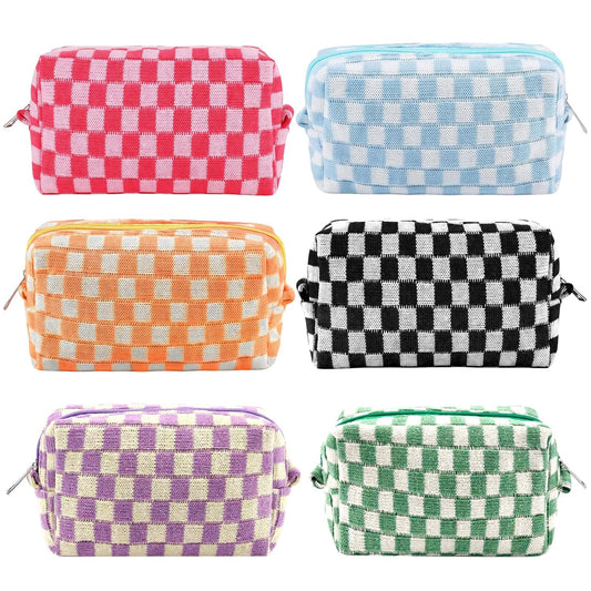 ZLFSRQ 6Pcs Checkered Pencil Case Cute Pencil Pouch for Teens Checkered Makeup Bag Colorful Medium Travel Cosmetic Bag Pink Makeup Pouch for Purse Aesthetic Trendy Zipper Toiletry Bags Organizer