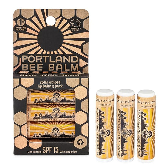 Portland Bee Balm Solar Eclipse All Natural Handmade Beeswax Based SPF 15 Lip Balm, 3 Count