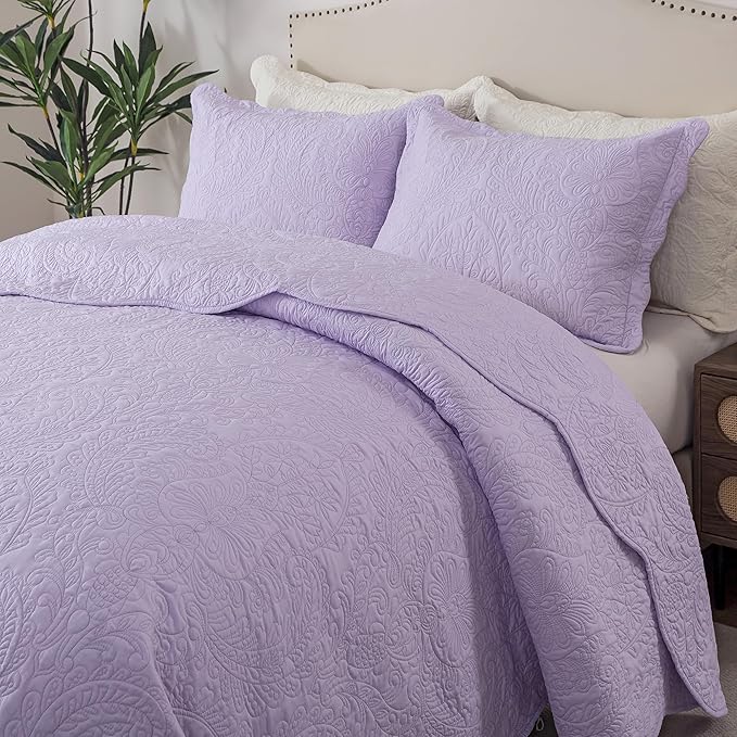HoneiLife Quilt Sets King Size - Microfiber Bedspreads for King Bed, 3-Piece Lightweight Coverlets, Retro Bedlinen Sets, King Quilt Bedding Set All Season Use-Light Purple