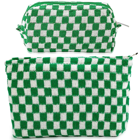 ZLFSRQ 2Pcs Checkered Makeup Bag for Women Large Small Checkered Cosmetic Bag Set Aesthetic Preppy Pencil Case Cute Pencil Pouch Green Makeup Pouch for Purse Travel Toiletry Bags Zipper Skincare Bags