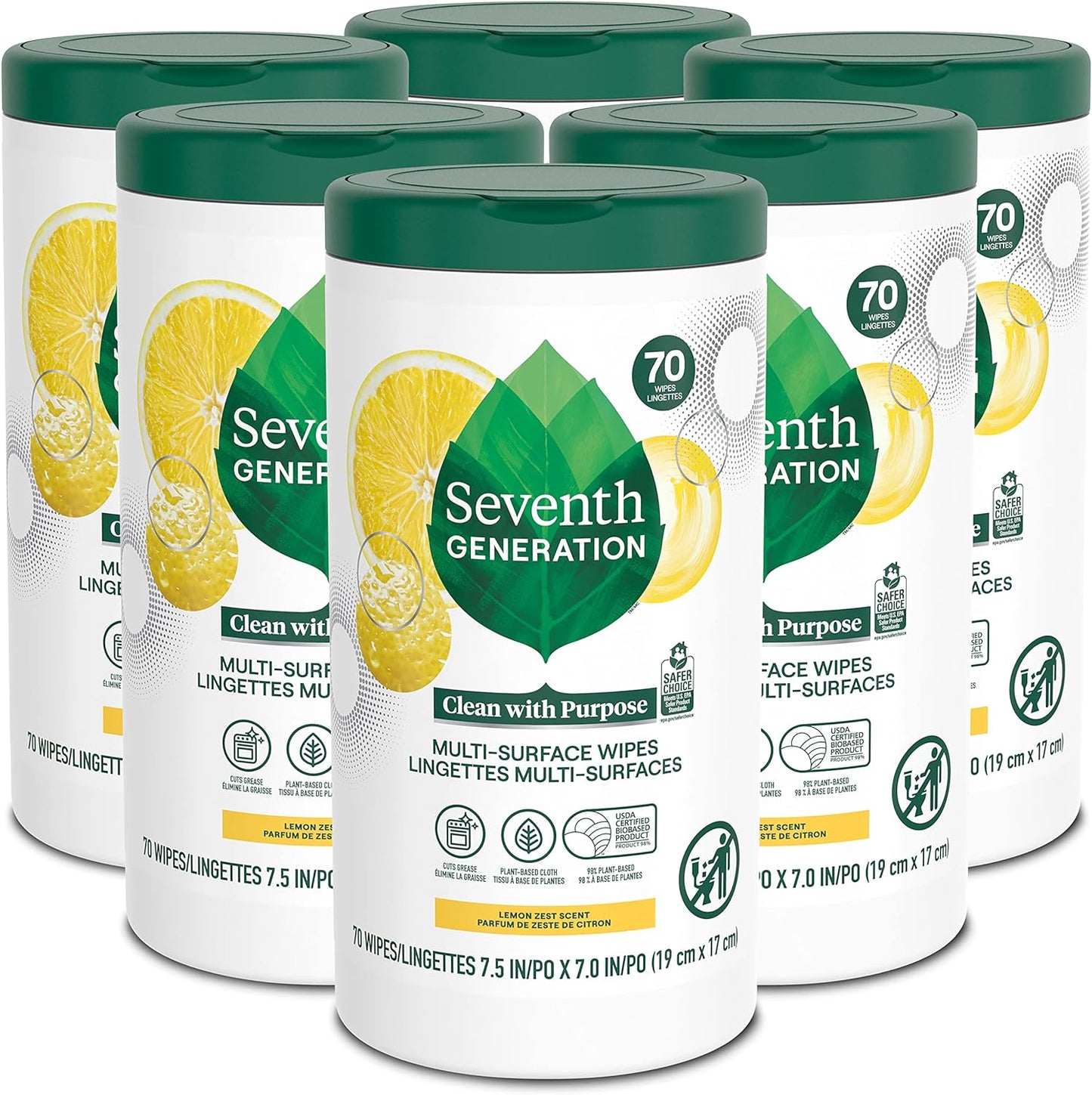 Seventh Generation Multi Surface Wipes All Purpose Cleaning Lemon Zest scent with 100% Essential Oils and Botanical Ingredients 70 count, Pack of 6