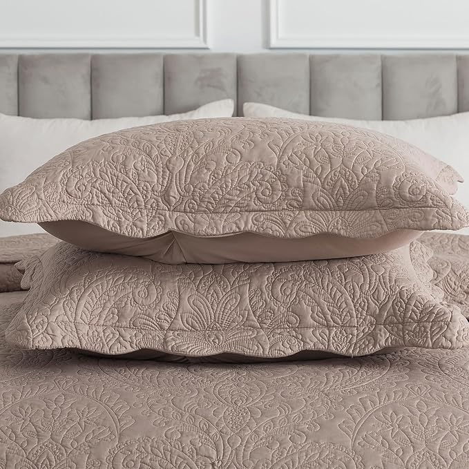 HoneiLife Queen Quilt Bedding Set - Microfiber Quilt Sets for Queen Bed, 3-Piece Lightweight Bedspreads,Reversible Coverlets Rustic Bedlinen Sets, Floral Bedding Set All Season Quilts-Dark Khaki