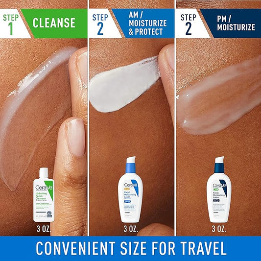 CeraVe AM Face Moisturizer with SPF, PM Face Moisturizer & Hydrating Face Wash Skin Care Routine for Morning & Night | Travel Size Toiletries | 3oz Lotion + 3oz Lotion + 3oz Cleanser