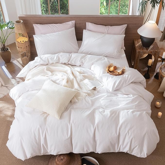 MooMee Striped Duvet Cover Set 100% Washed Cotton Linen Like Textured Breathable Durable Soft Comfy (White Heathered Greyish Pink Wide Stripes, Cal King 104"x98")