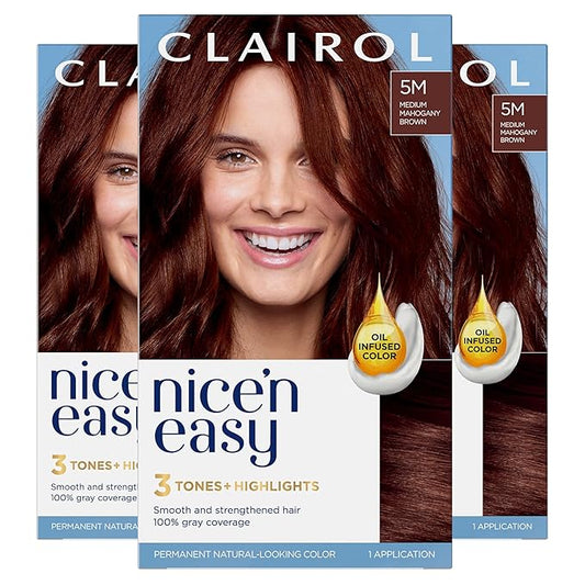 Clairol Nice'n Easy Permanent Hair Dye, 5M Medium Mahogany Brown Hair Color, Pack of 3