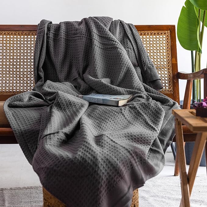 Salt Earth 100% Cotton Throw Blanket, Twin, 68"x92" Waffle Throws for Home, Bedrooms, Outdoor and Cozy Couch, Modern Bed Room Decor Blankets, Lightweight,All Season Western Blanket (Charcoal Grey)
