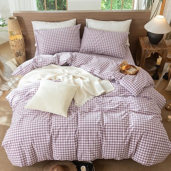 MooMee Gingham Duvet Cover Set 100% Washed Cotton Linen Like Textured Breathable Durable Soft Comfy Modern Checkered Design (Classic Gingham Light Purple, Cal King 104"x98")