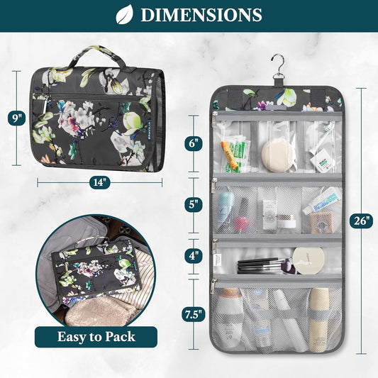 PAVILIA Hanging Toiletry Bag Women Men, Travel Kit Foldable Large Toiletries Organizer, Roll up Cosmetics Makeup Bag Accessories, Waterproof Essentials Jewelry Case (Floral Grey)