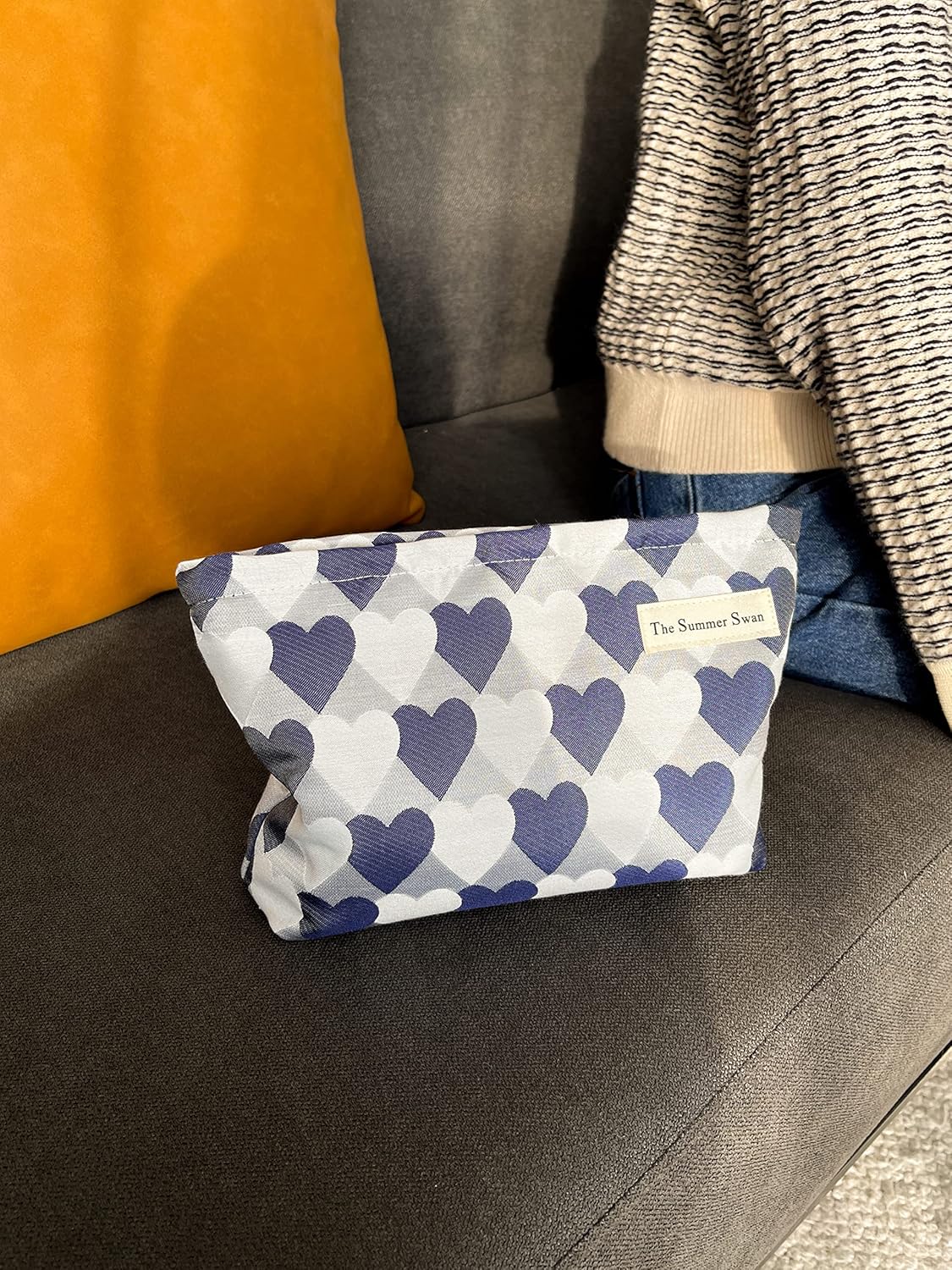 Summer Swan | Large Floral Mid-day Clutch | Period Kit & Hygiene Bag | Skincare Bag (Valentine Hearts Blue)