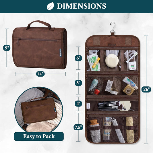 PAVILIA Hanging Toiletry Bag Men Women, Travel Kit Foldable Large Toiletries Organizer, Roll up Cosmetics Makeup Bag Accessories, Waterproof Essentials Dopp Case (Brown)