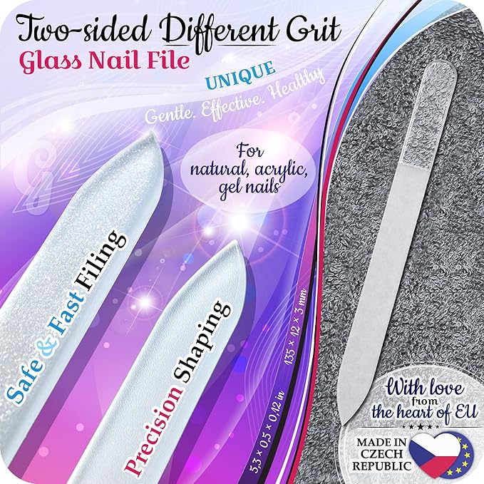 Genuine Czech Glass Nail File Set by GLADZY - Callus Remover Foot Rasp, Cuticle Pusher Manicure Stick, Double Sided Etched Different Grit Surface, Professional Nail Care Tool Kit, Made in EU