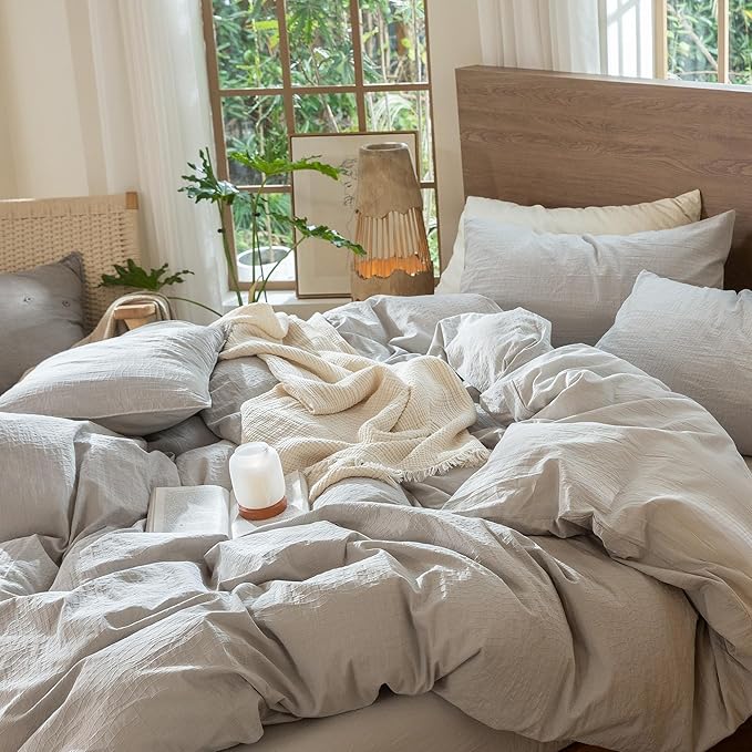 MooMee Wavy Striped Duvet Cover Set 100% Washed Cotton Linen Like Textured Breathable Durable Soft Comfy (Light Grey, Twin 68"x90")