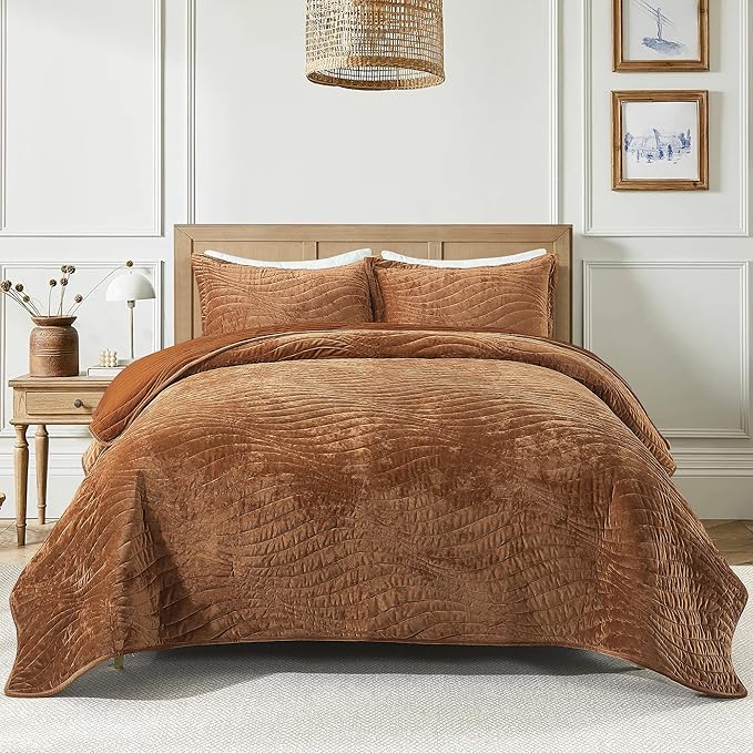 HoneiLife Velvet Quilts Queen Size - Lightweight Bedspreads 3-Pieces, Solid Coverlets Queen Quilt Bedding Sets, Wavy Quilt Sets for All Season Use-Camel