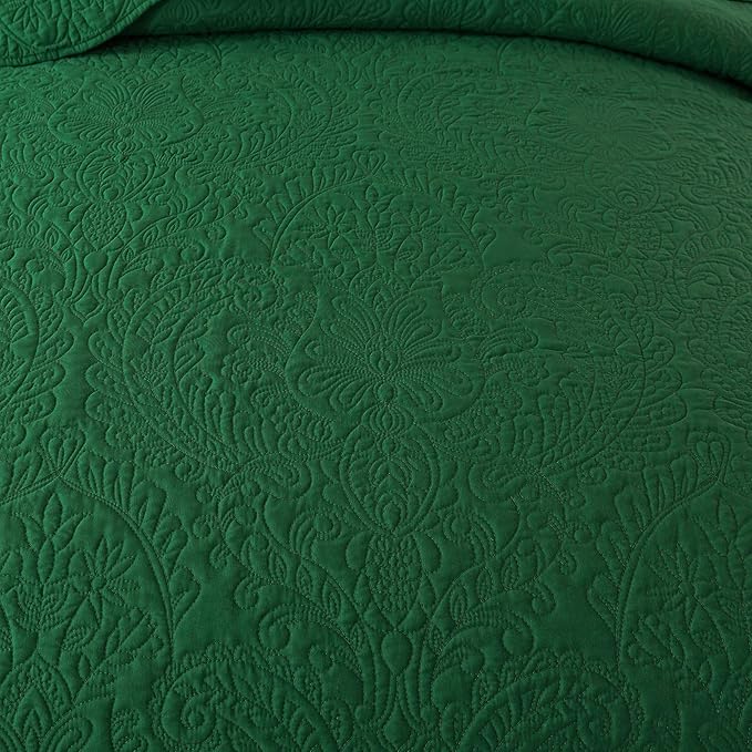 HoneiLife Queen Size Quilt Sets - 3 Piece Queen Quilt Bedding Set Microfiber Quilt Set Lightweight Bedspreads Reversible Coverlets Retro Bed Cover Floral Bedding Set All Season Quilts-Green