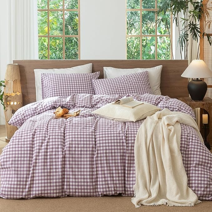 MooMee Gingham Duvet Cover Set 100% Washed Cotton Linen Like Textured Breathable Durable Soft Comfy Modern Checkered Design (Classic Gingham Light Purple, Cal King 104"x98")