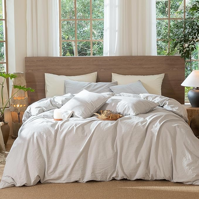 MooMee Wavy Striped Duvet Cover Set 100% Washed Cotton Linen Like Textured Breathable Durable Soft Comfy (Light Grey, Twin 68"x90")