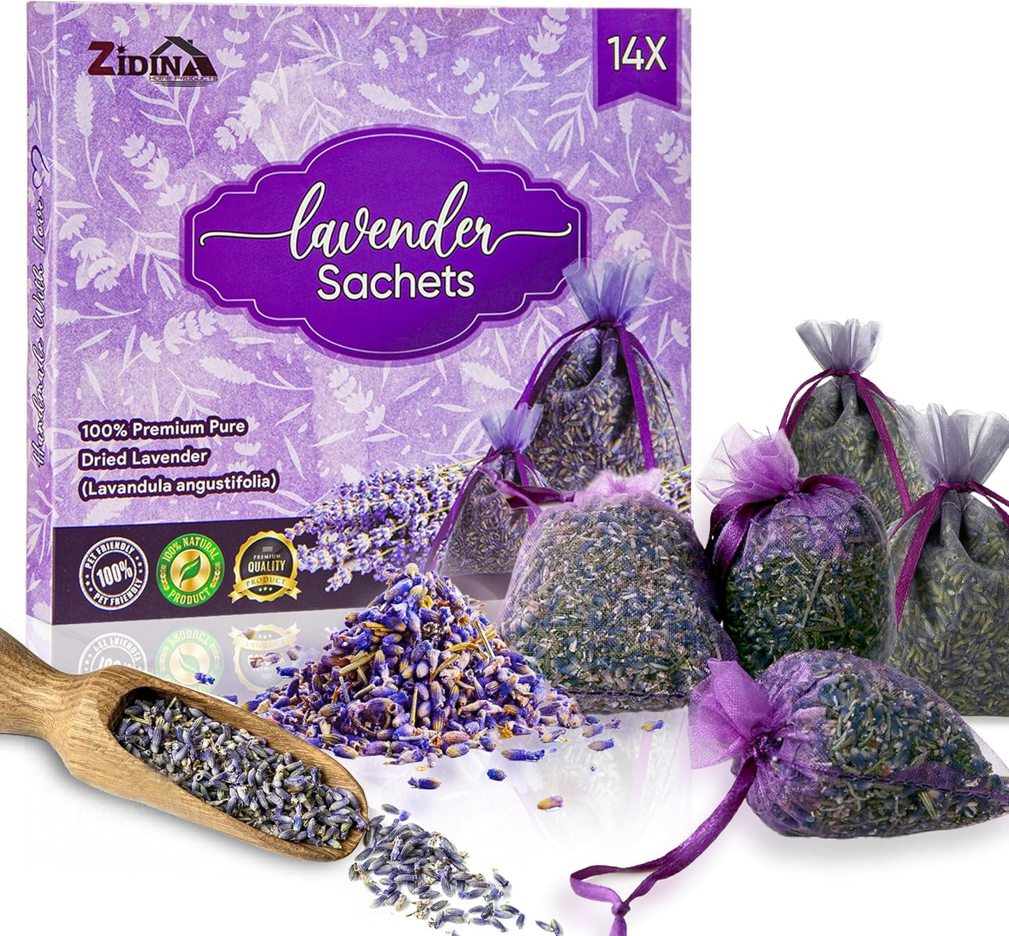 14 Pack Organic Lavender Sachet Bags for Drawers and Closets - Natural Fresh Dried Lavender French Potpourri Bags for Clothes Storage - Scented Sachets for Drawers, Wardrobes, Cars & Home.