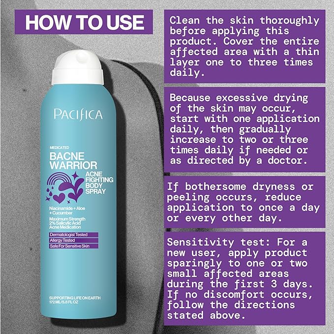 Pacifica Bacne Acne Cleanser Spray - Bacne Warrior - Body Spray for Acne Treatment - w/ 2% Salicylic Acid Niacinamide & Aloe - for Body, Chest & Back Acne for Teens & Adults Vegan Dermatologist Tested