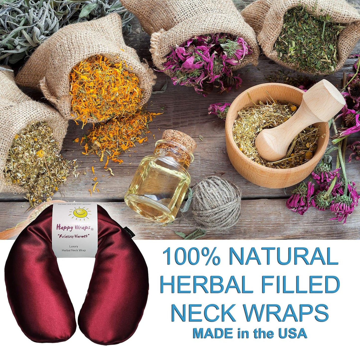 Microwavable Herbal Neck Wrap - Hot Cold Aromatherapy Neck Warming Pillow - Heating Pad for Migraines, Stress, Gifts for Women, Birthdays, Christmas and Free Sleep Mask - Ruby Satin