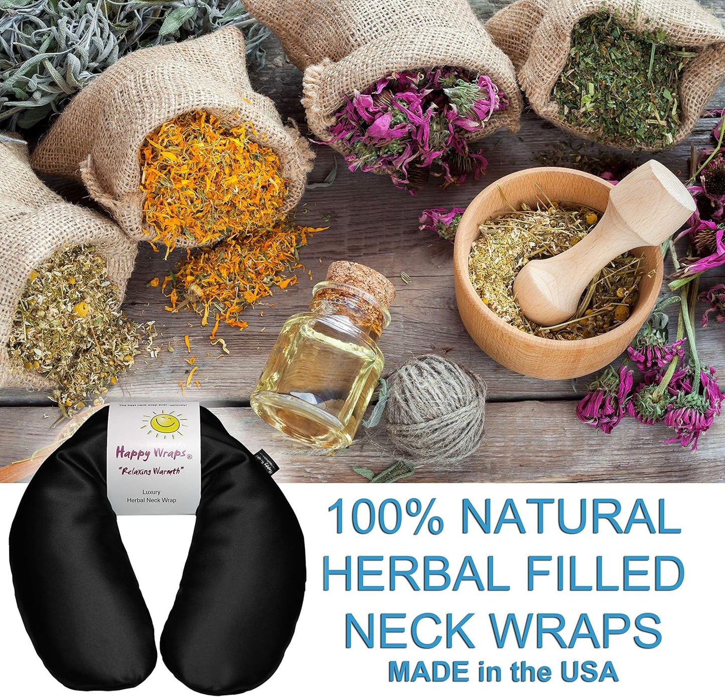 Microwavable Herbal Neck Wrap - Hot Cold Aromatherapy Neck Warming Pillow - Heating Pad for Migraines, Stress, Gifts for Women, Birthdays, Christmas and Free Sleep Mask - Onyx Satin