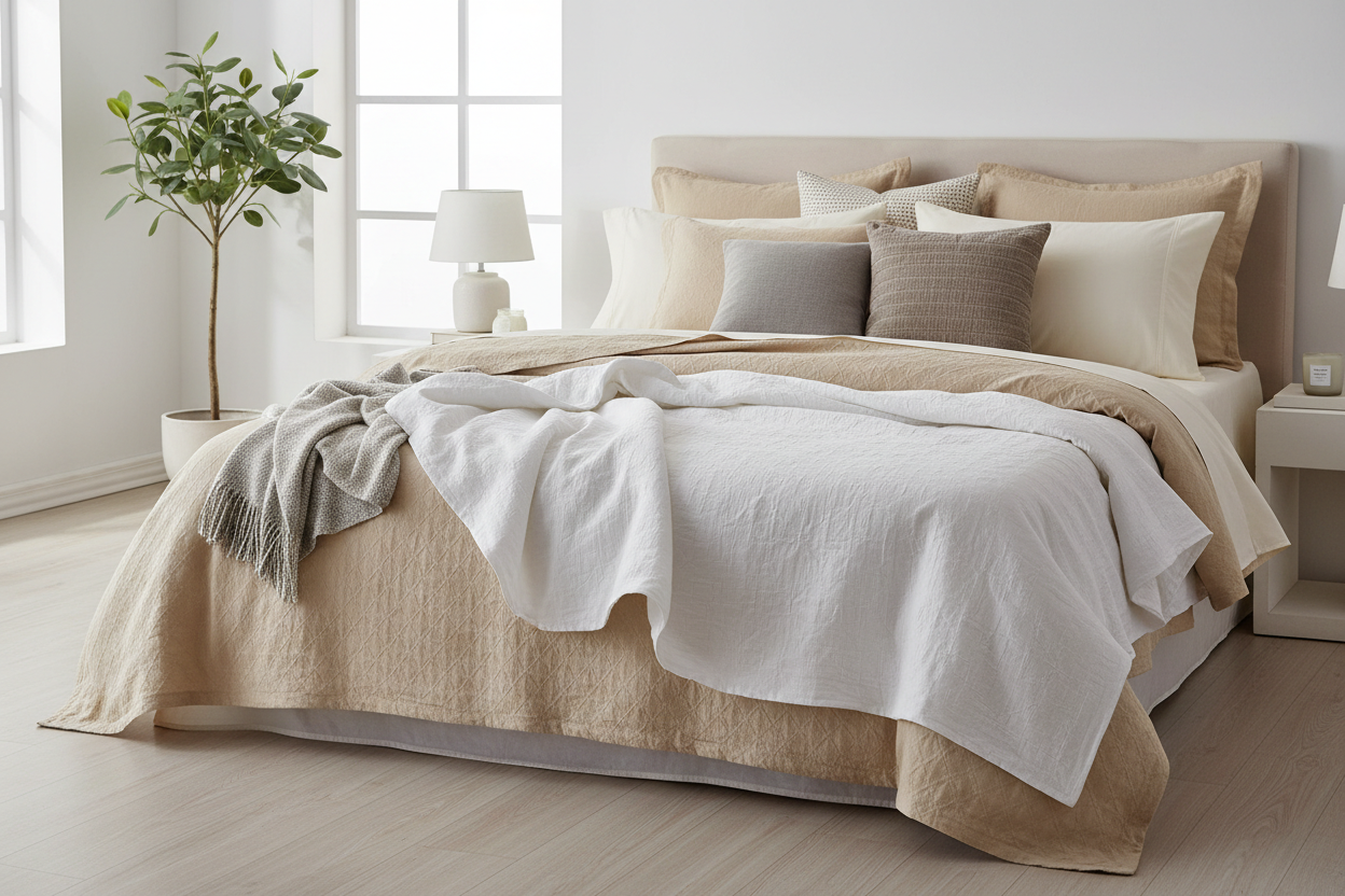 Our curated collection of bedding—soft sheets, plush comforters, and supportive pillows